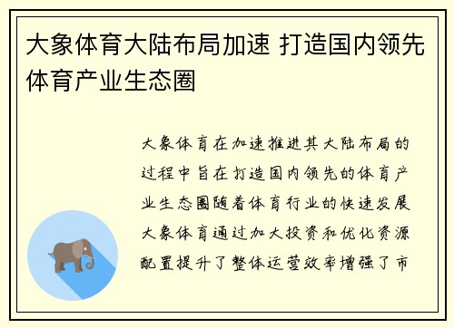 大象体育大陆布局加速 打造国内领先体育产业生态圈